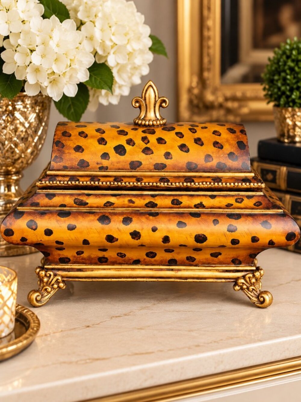 Hollywood Regency Leopard Print Gold Ornate Decorative Trinket Box 14"